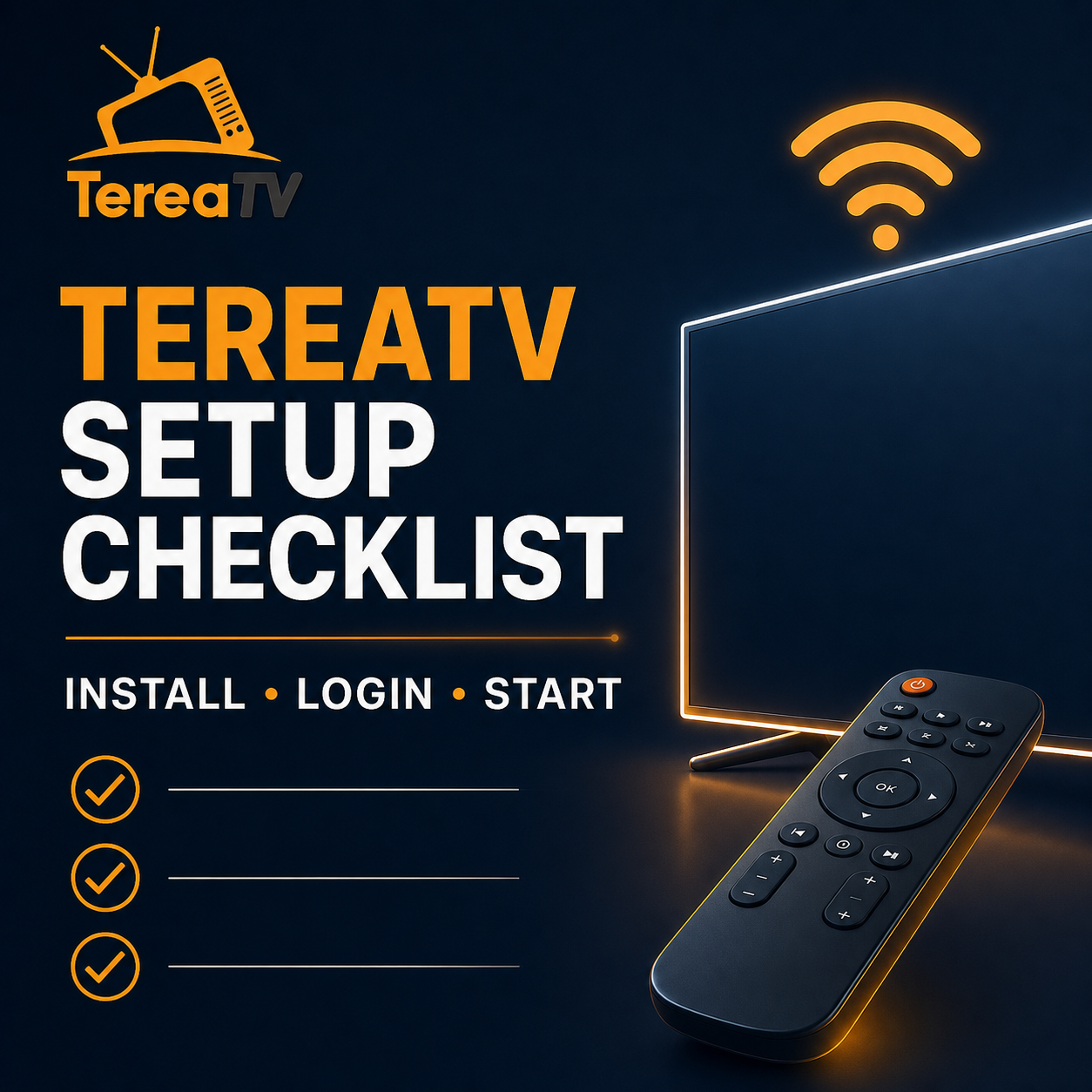 TereaTV installation, login and start checklist shown beside a television remote